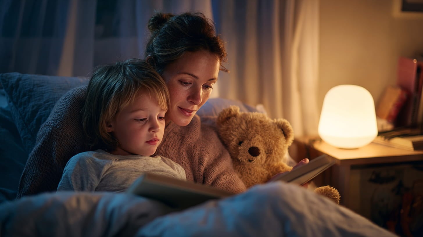 Moeder leest een bedtijdverhaal voor aan een slaperig kind in een rustige slaapkamer