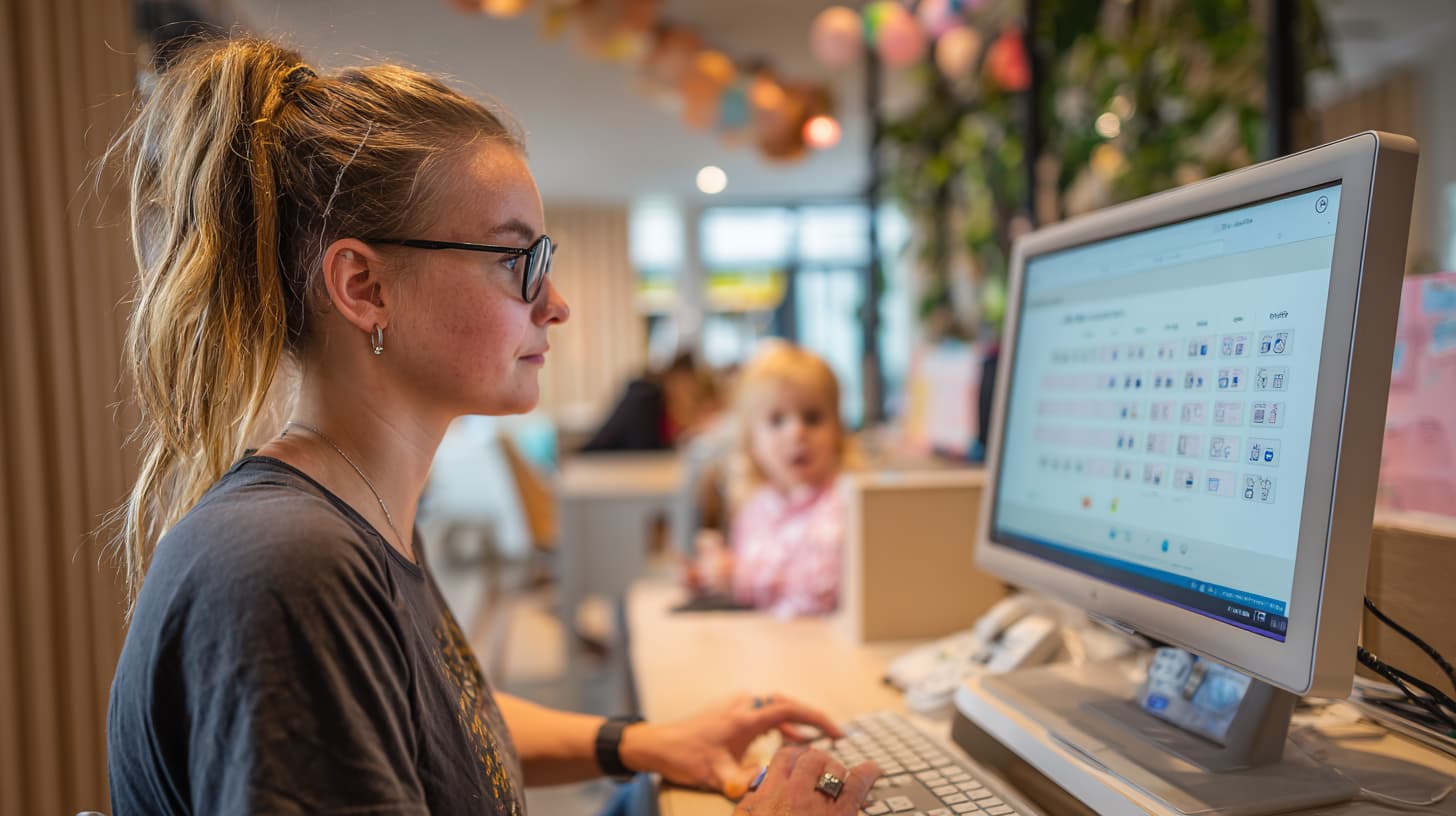 Een vrouw zit achter de computer bij het Personenregister Kinderopvang