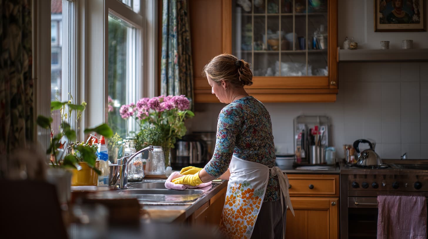 Huishoudelijke hulp maakt schoon in een particuliere woning in informele setting