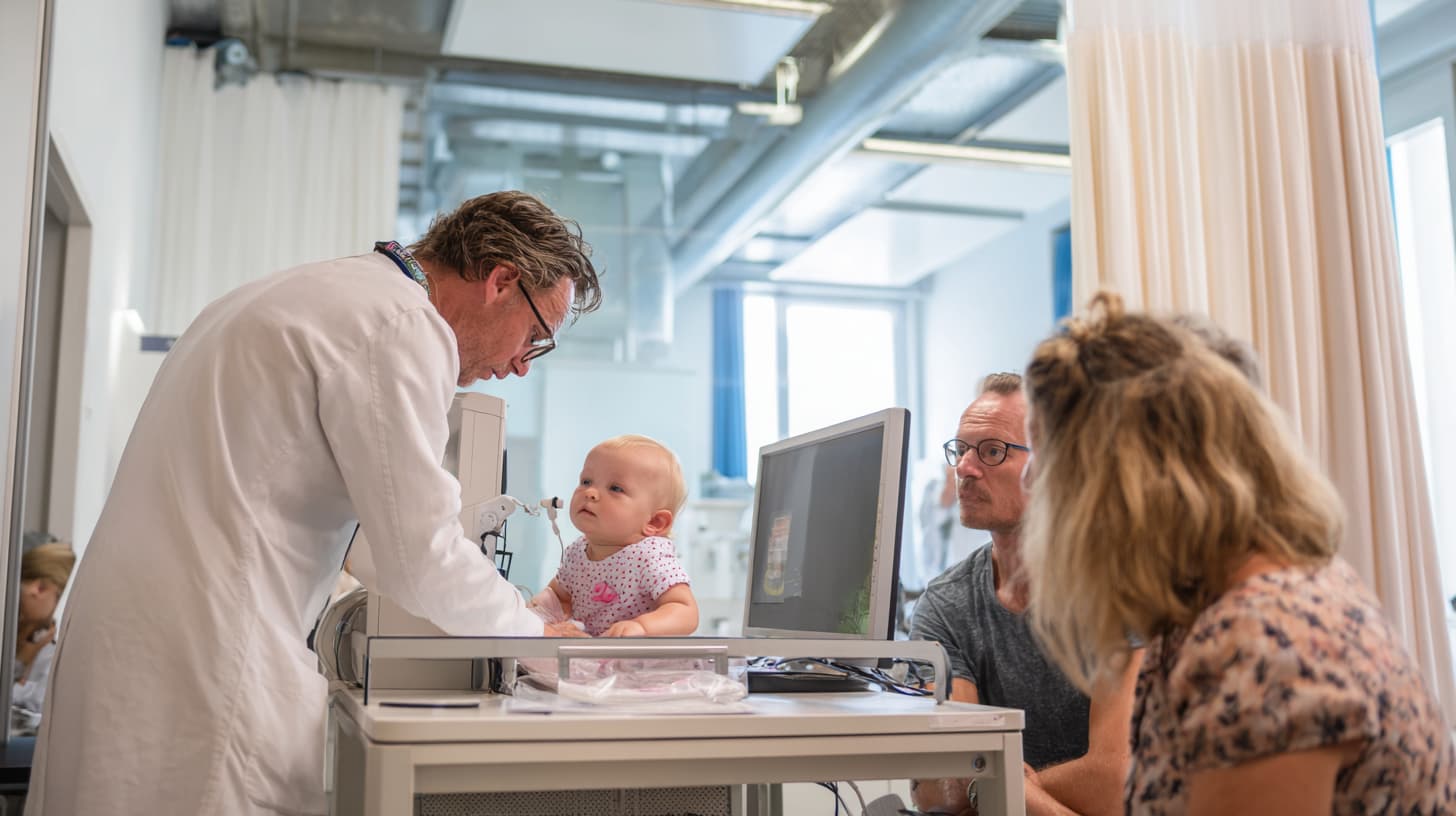 Een kind en ouders bij de GGD voor een controle.