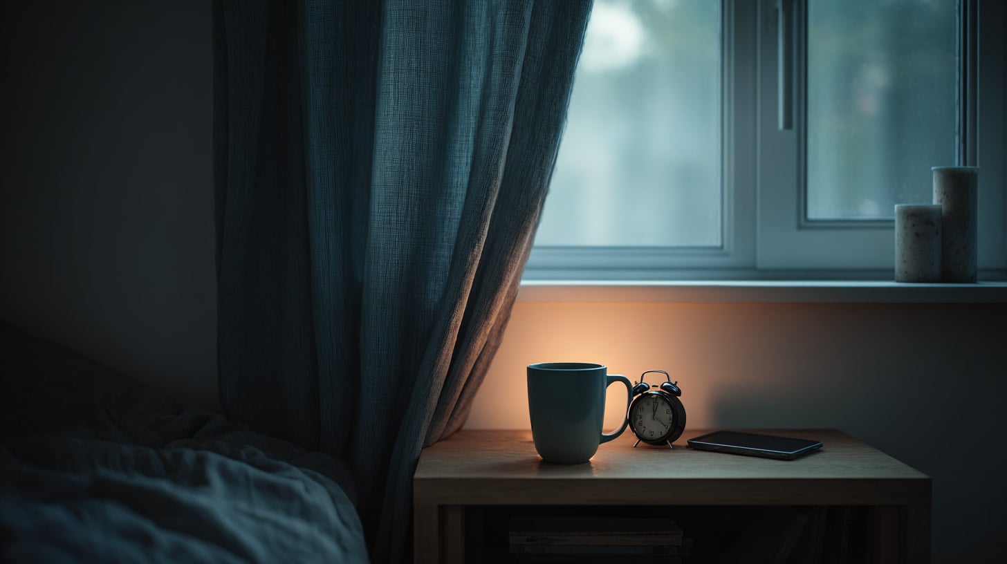 Donkere, koele kinderkamer met verduisterende gordijnen, nachtlampje en zonder schermen