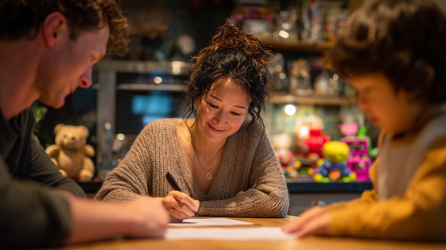 Ouders en oppas tekenen babysitcontract aan tafel in huiselijke omgeving